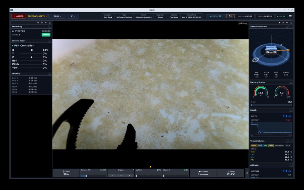 NavX vehicle control interface showing live video, telemetry, attitude sphere, battery and depth readouts